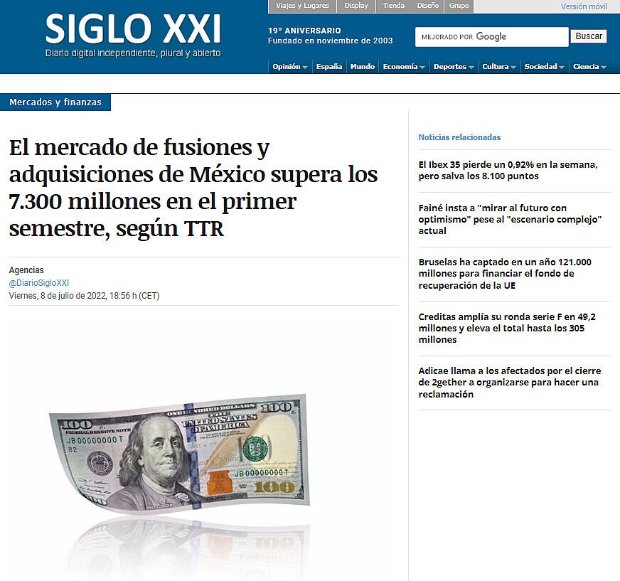 El mercado de fusiones y adquisiciones de Mxico supera los 7.300 millones en el primer semestre, segn TTR